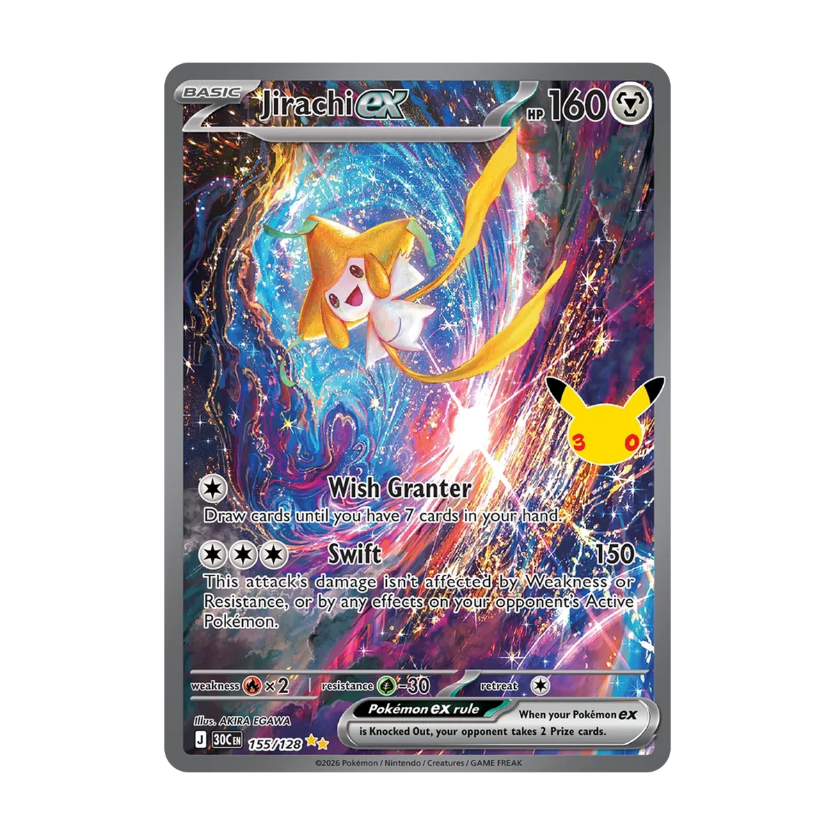 Chase-kaart: Jirachi ex 155, 30th Celebration Booster Pack (Engels). Mogelijke pull; niet gegarandeerd inbegrepen.