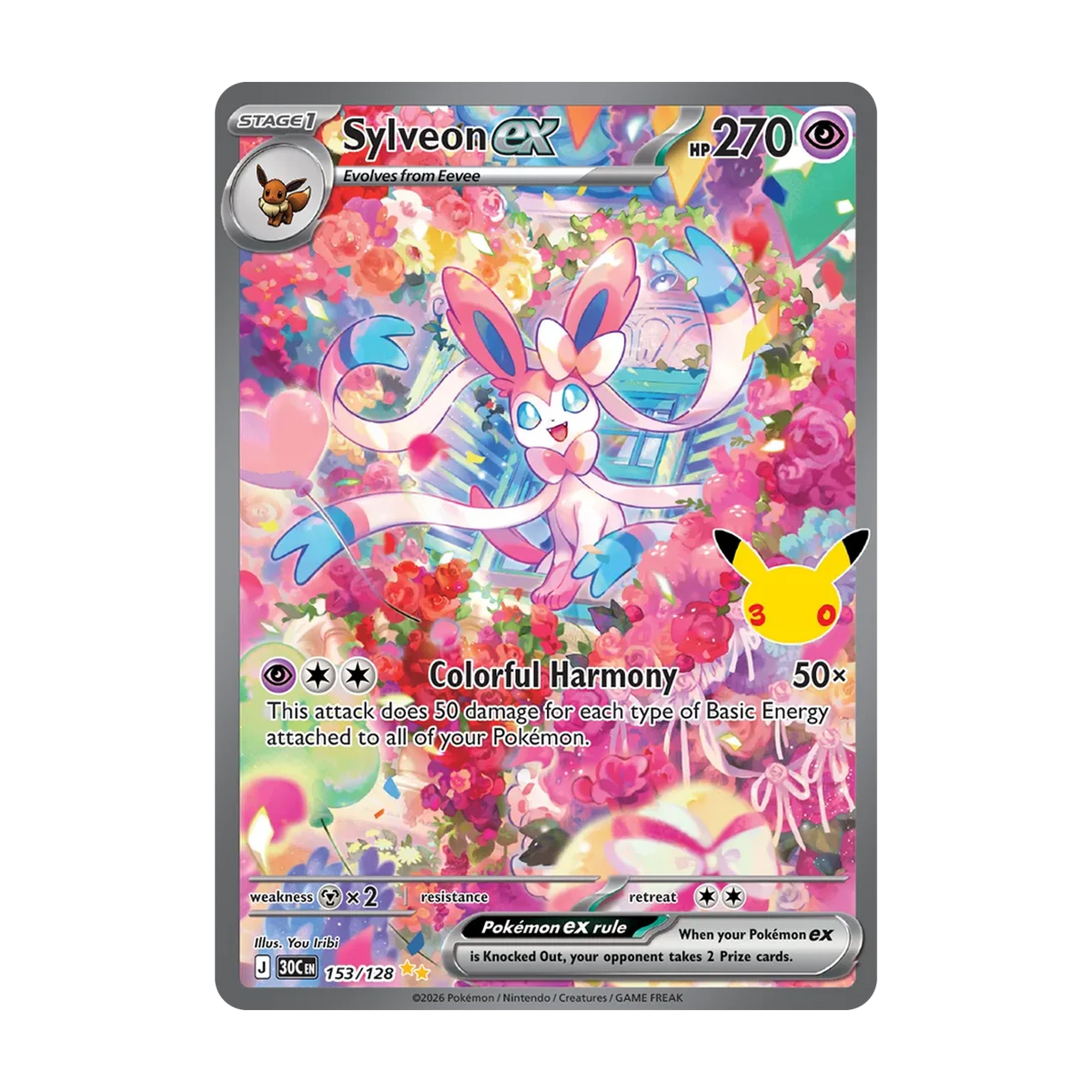Chase-kaart: Sylveon ex 153, 30th Celebration Booster Pack (Engels). Mogelijke pull; niet gegarandeerd inbegrepen.