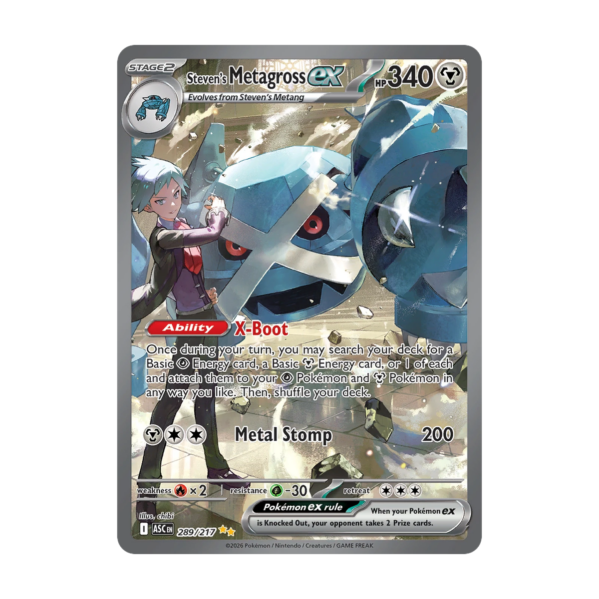 Chase-kaart: Steven's Metagross ex 289, Ascended Heroes Booster Bundle (Engels). Mogelijke pull; niet gegarandeerd inbegrepen.