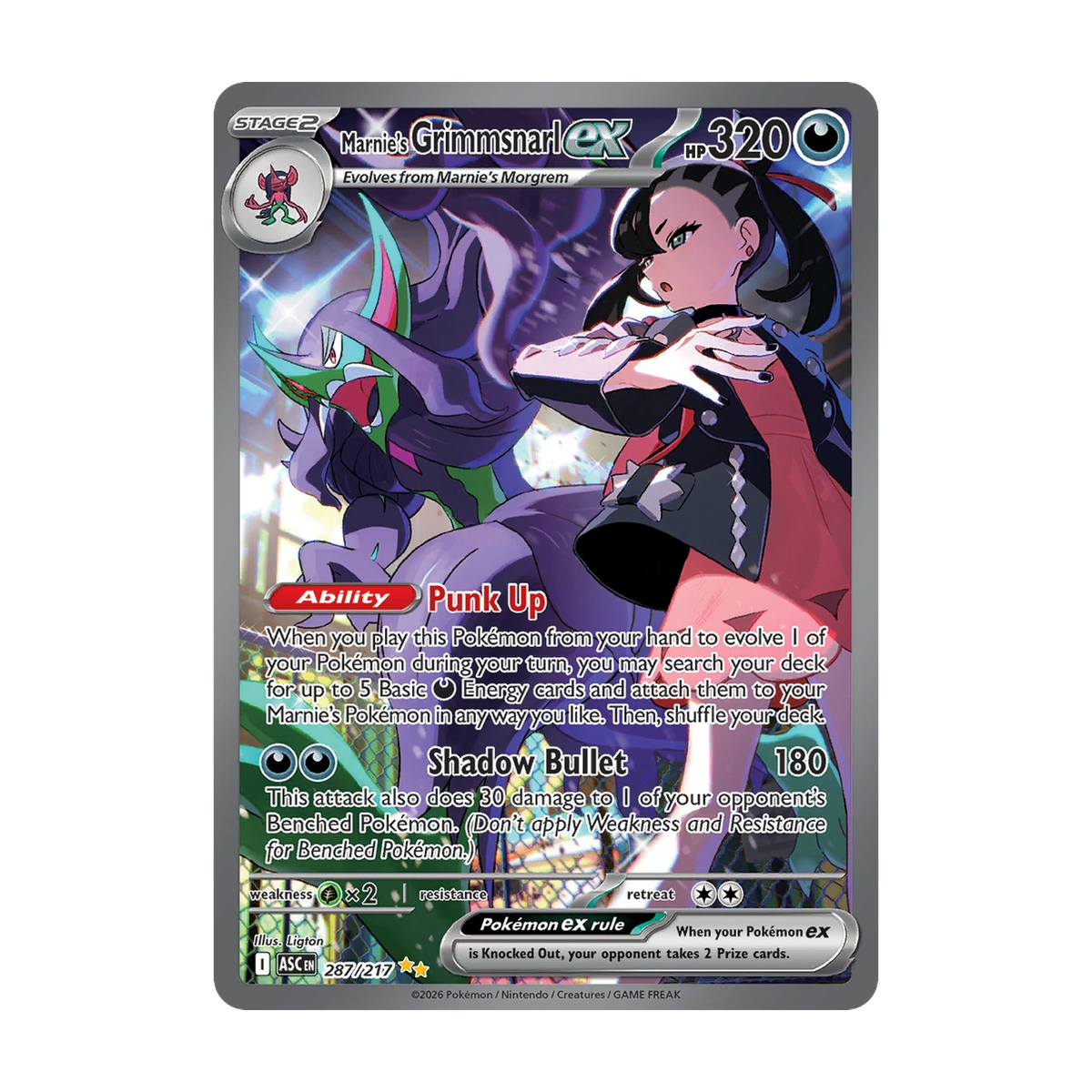 Chase-kaart: Marnie's Grimmsnarl ex 287, Ascended Heroes Booster Pack (Engels). Mogelijke pull; niet gegarandeerd inbegrepen.