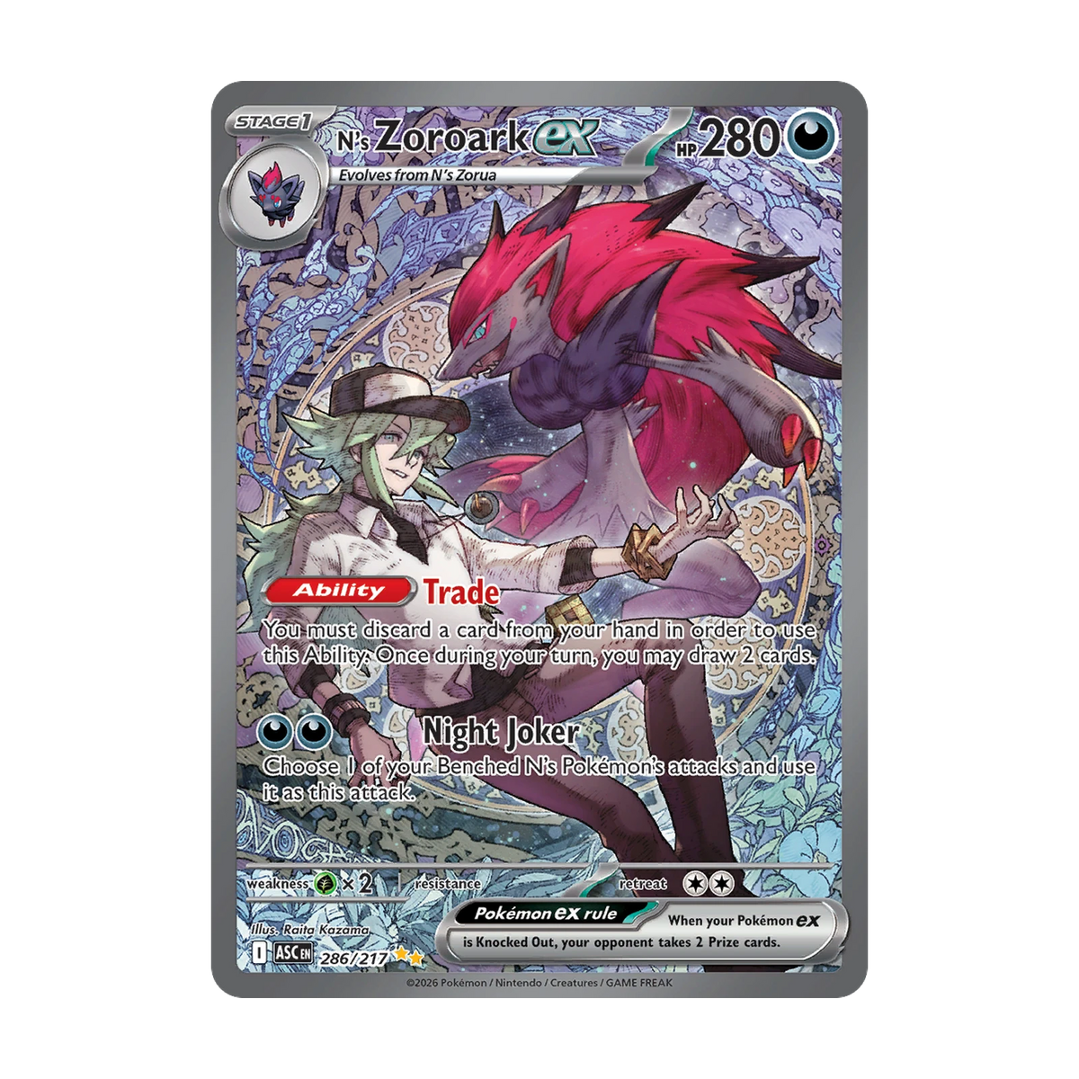 Chase-kaart: N's Zoroark ex 286, Ascended Heroes Booster Pack (Engels). Mogelijke pull; niet gegarandeerd inbegrepen.