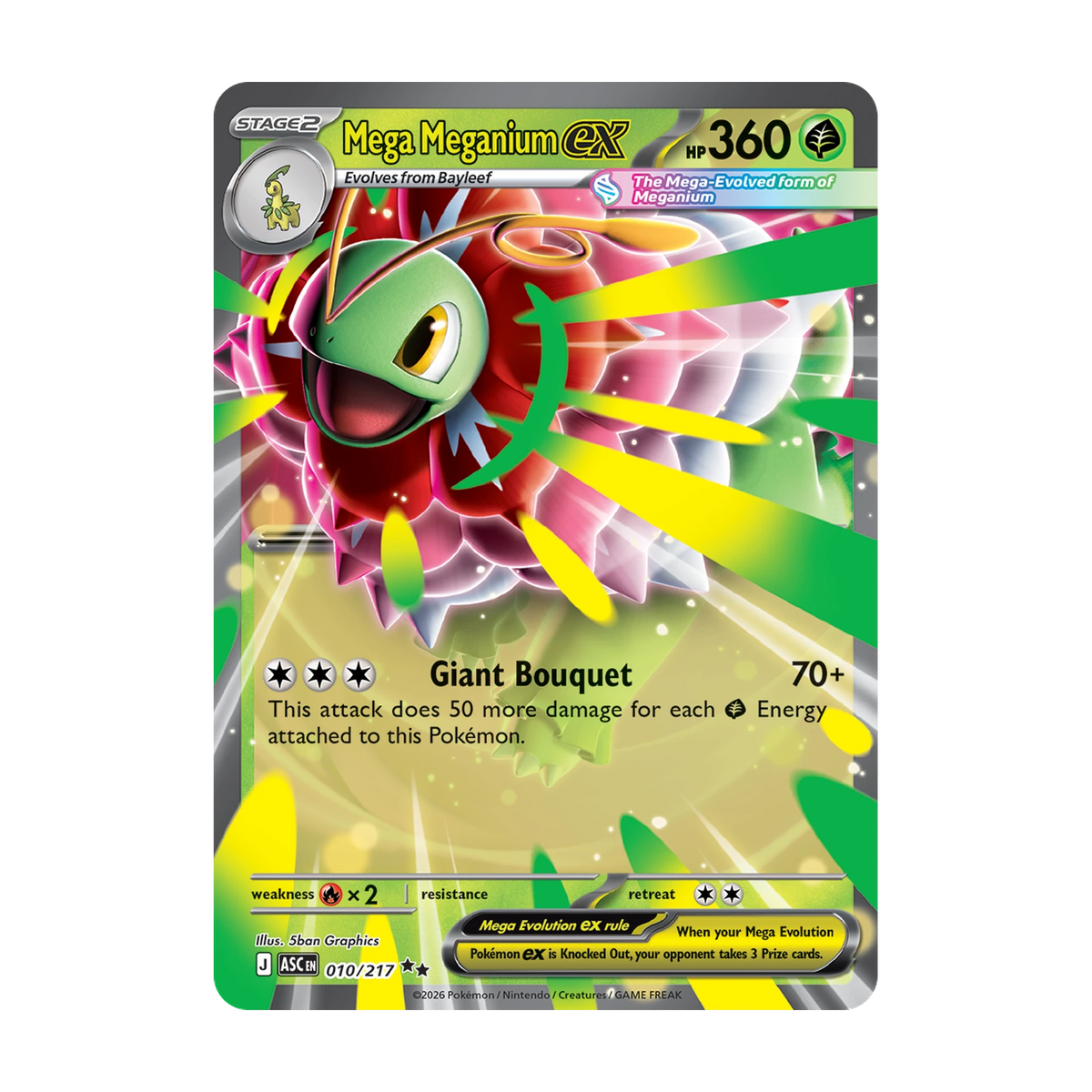Kaartvoorbeeld: Mega Meganium ex, Ascended Heroes (Engels). Mogelijke pull; niet gegarandeerd inbegrepen.