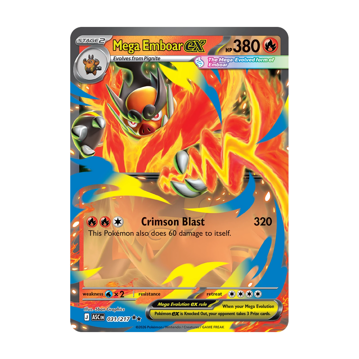 Kaartvoorbeeld: Mega Emboar ex, Ascended Heroes (Engels). Mogelijke pull; niet gegarandeerd inbegrepen.