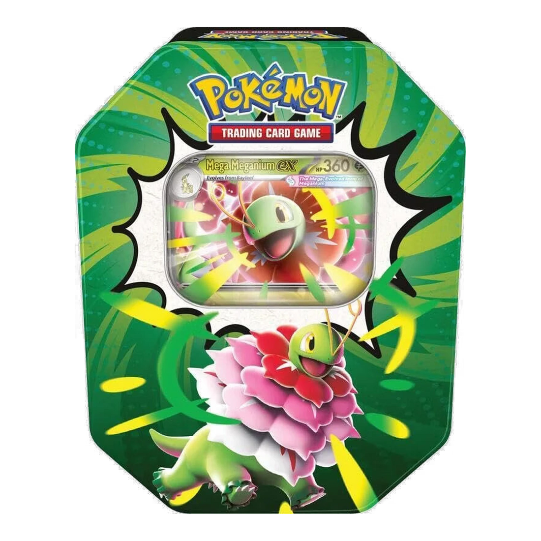 Ascended Heroes Tin 4 Packs – tin Mega Meganium ex, voorkant (ontwerp kan variëren)