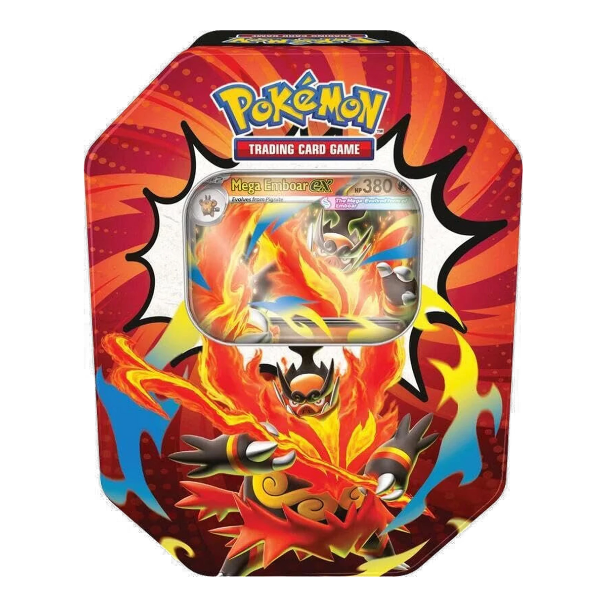 Ascended Heroes Tin 4 Packs – tin Mega Emboar ex, voorkant (ontwerp kan variëren)