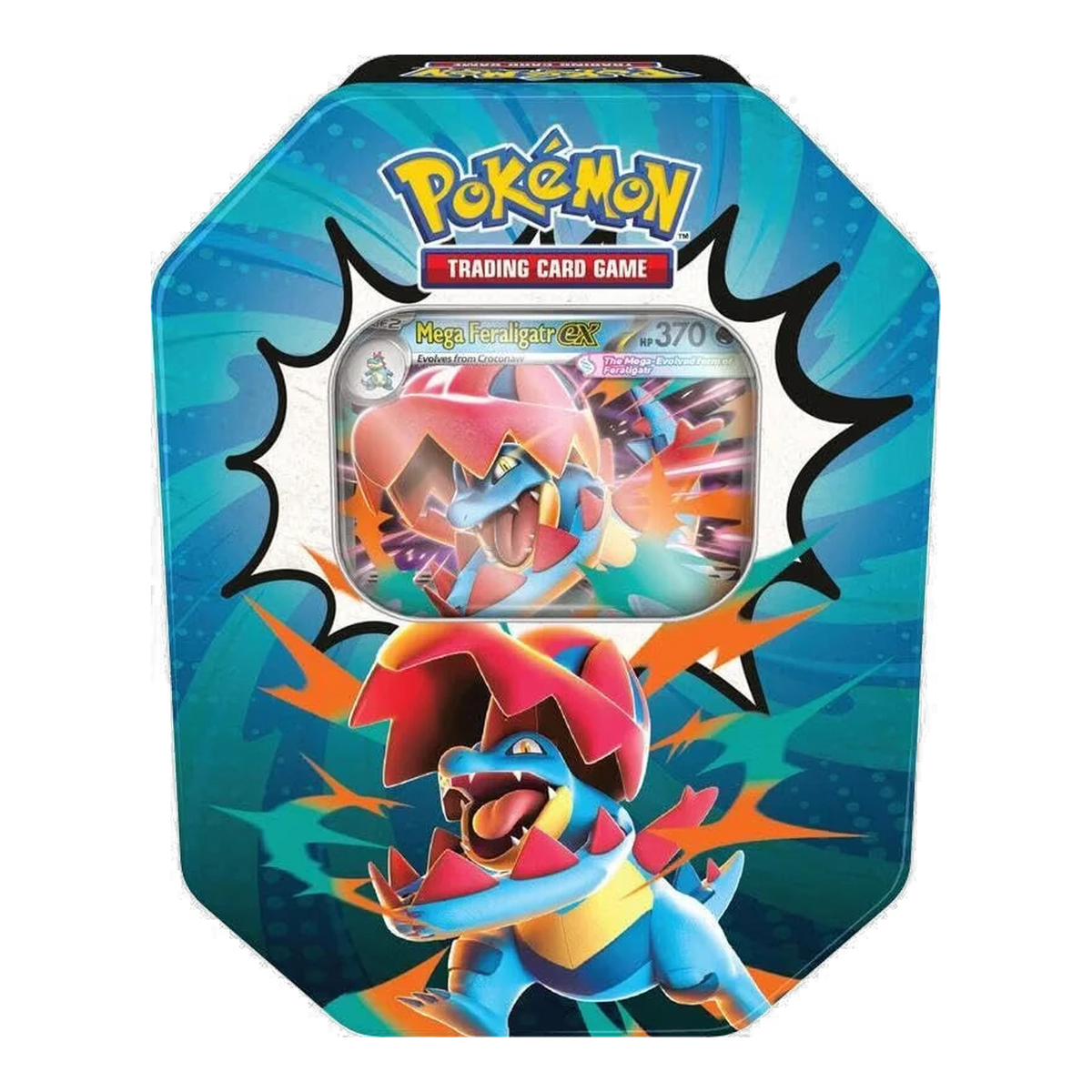 Ascended Heroes Tin 4 Packs – tin Mega Feraligatr ex, voorkant (ontwerp kan variëren)