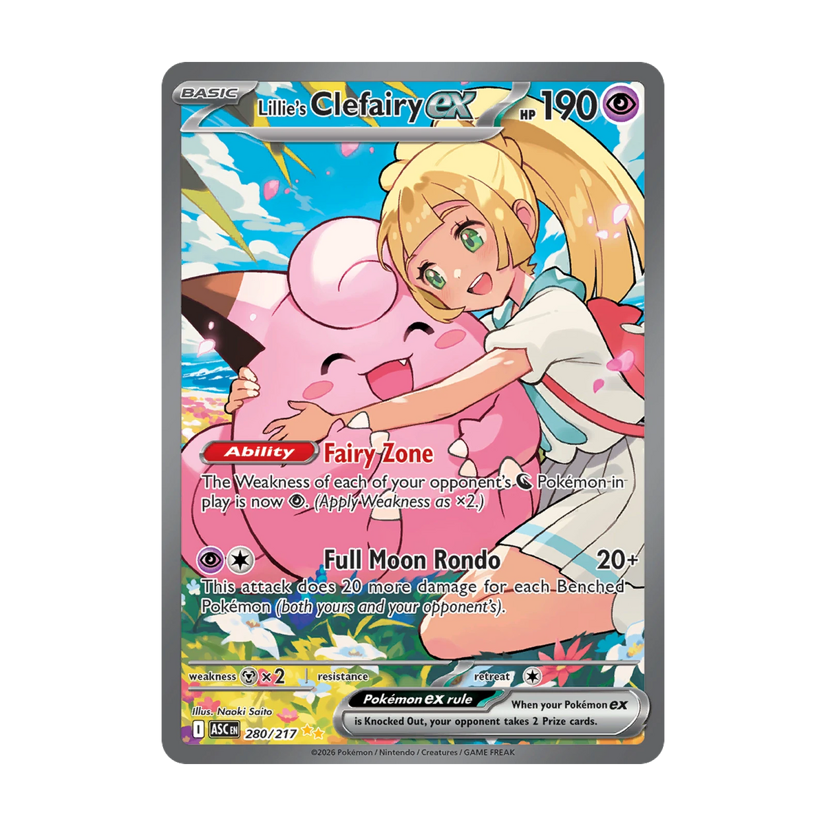 Chase-kaart: Lillie's Clefairy ex 280, Ascended Heroes (Engels). Mogelijke pull; niet gegarandeerd inbegrepen.