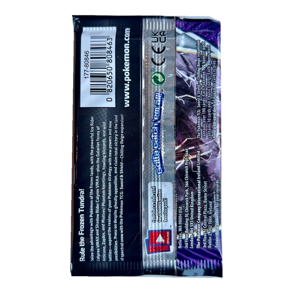 Chilling Reign Booster Pack – achterkant van de Engelse losse booster met barcode en fabrikantgegevens