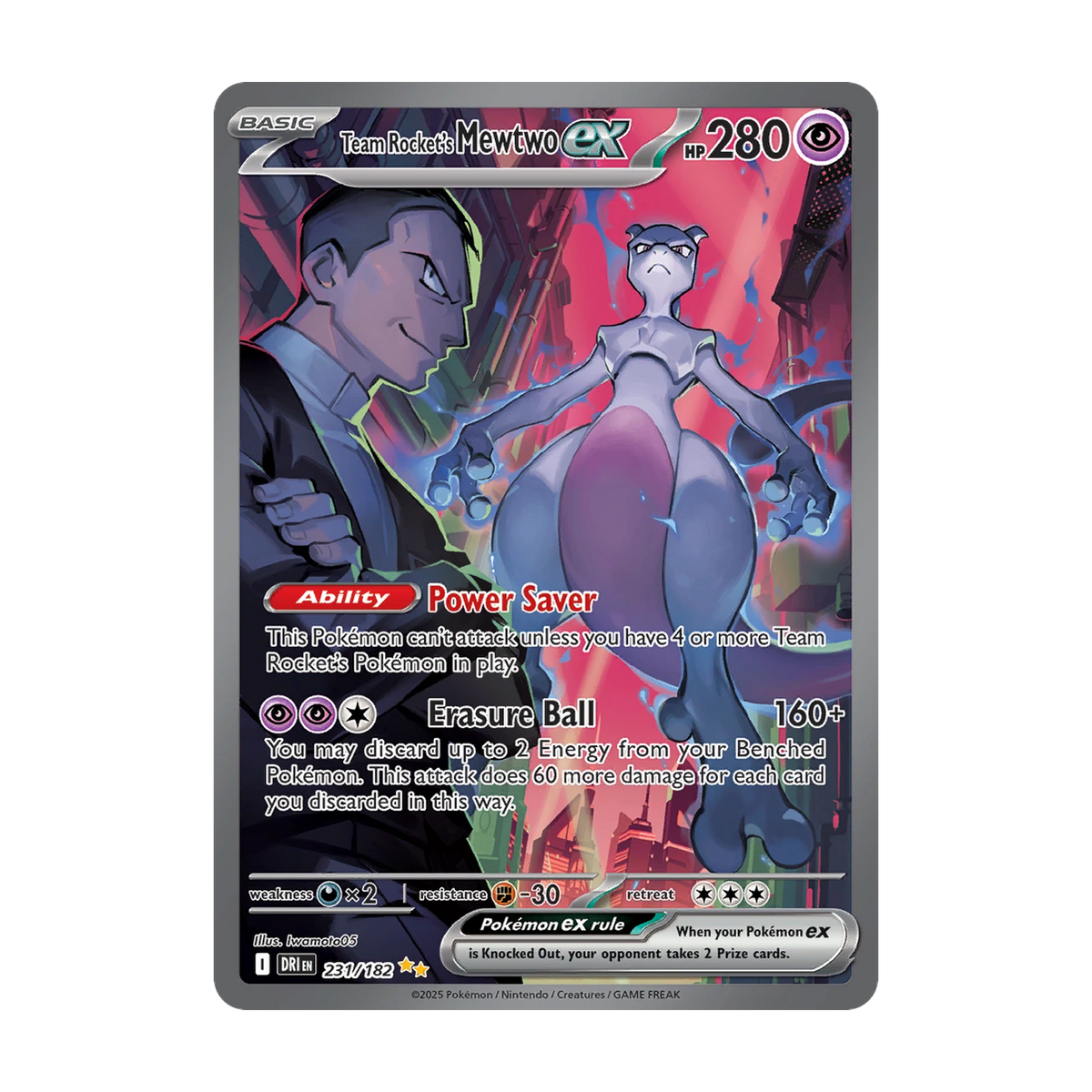 Chase-kaart: Team Rocket's Mewtwo ex 231, Destined Rivals Booster Pack (Engels). Mogelijke pull; niet gegarandeerd inbegrepen.