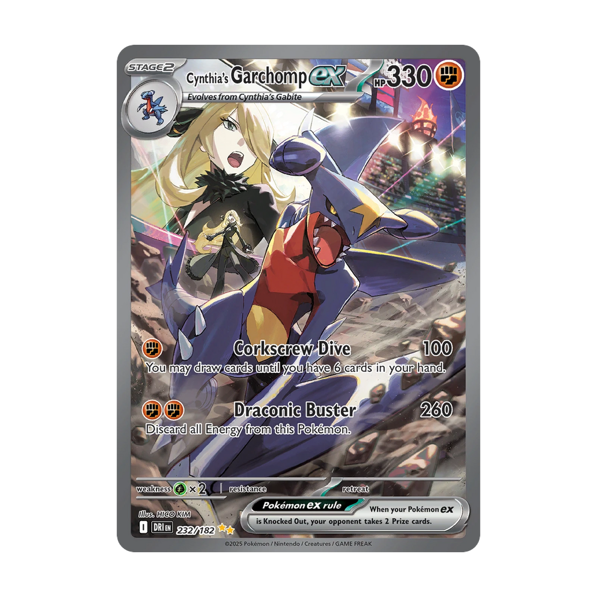 Chase-kaart: Cynthia's Garchomp ex 232, Destined Rivals Sleeved Booster Pack (Engels). Mogelijke pull; niet gegarandeerd inbegrepen.