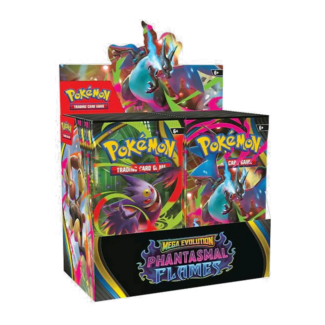 Mega Evolution Phantasmal Flames Booster Box – voorkant en linkerzijkant