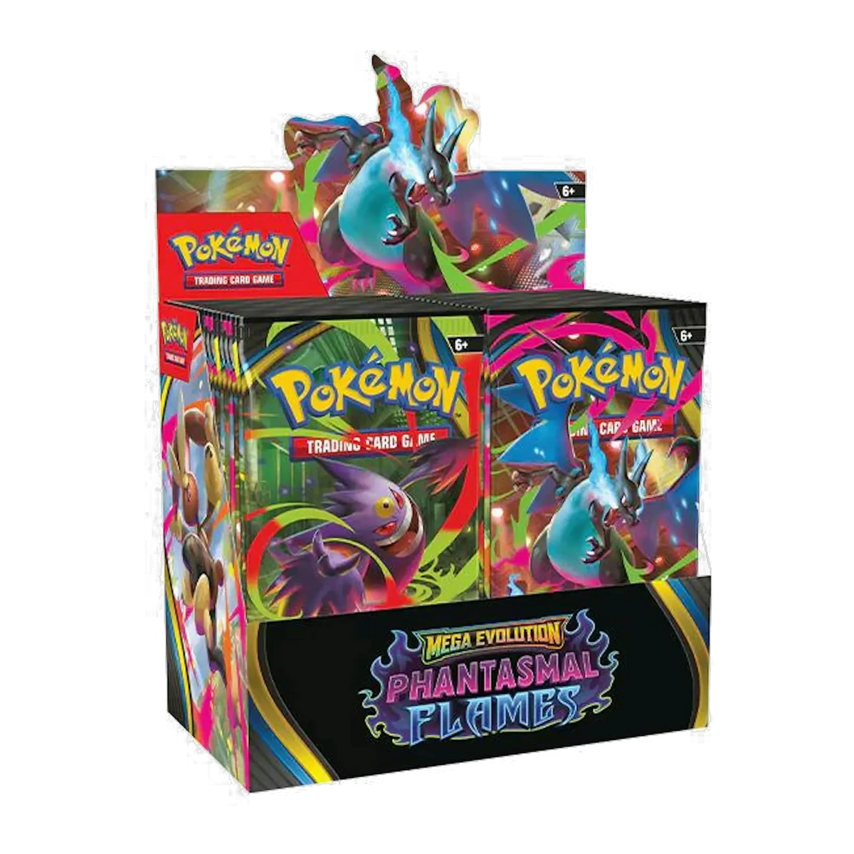 Mega Evolution Phantasmal Flames Booster Box – voorkant en linkerzijkant