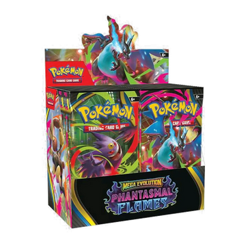 Mega Evolution Phantasmal Flames Booster Box – voorkant en linkerzijkant