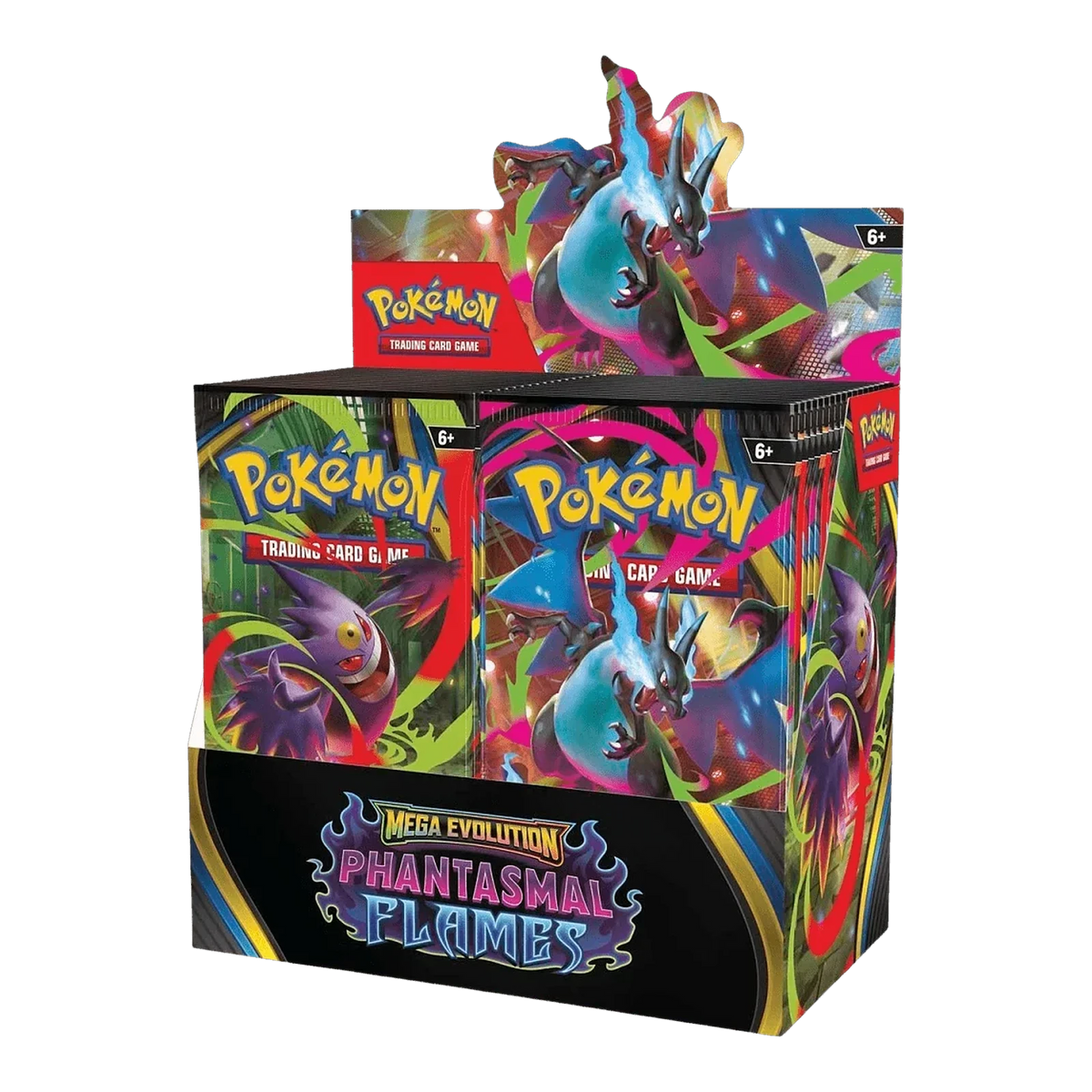 Mega Evolution Phantasmal Flames Booster Box – geopende display met boosterpacks