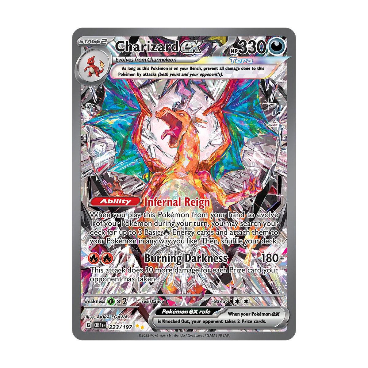 Chase-kaart: Charizard ex 223, Obsidian Flames Booster Pack (Engels). Mogelijke pull; niet gegarandeerd inbegrepen.