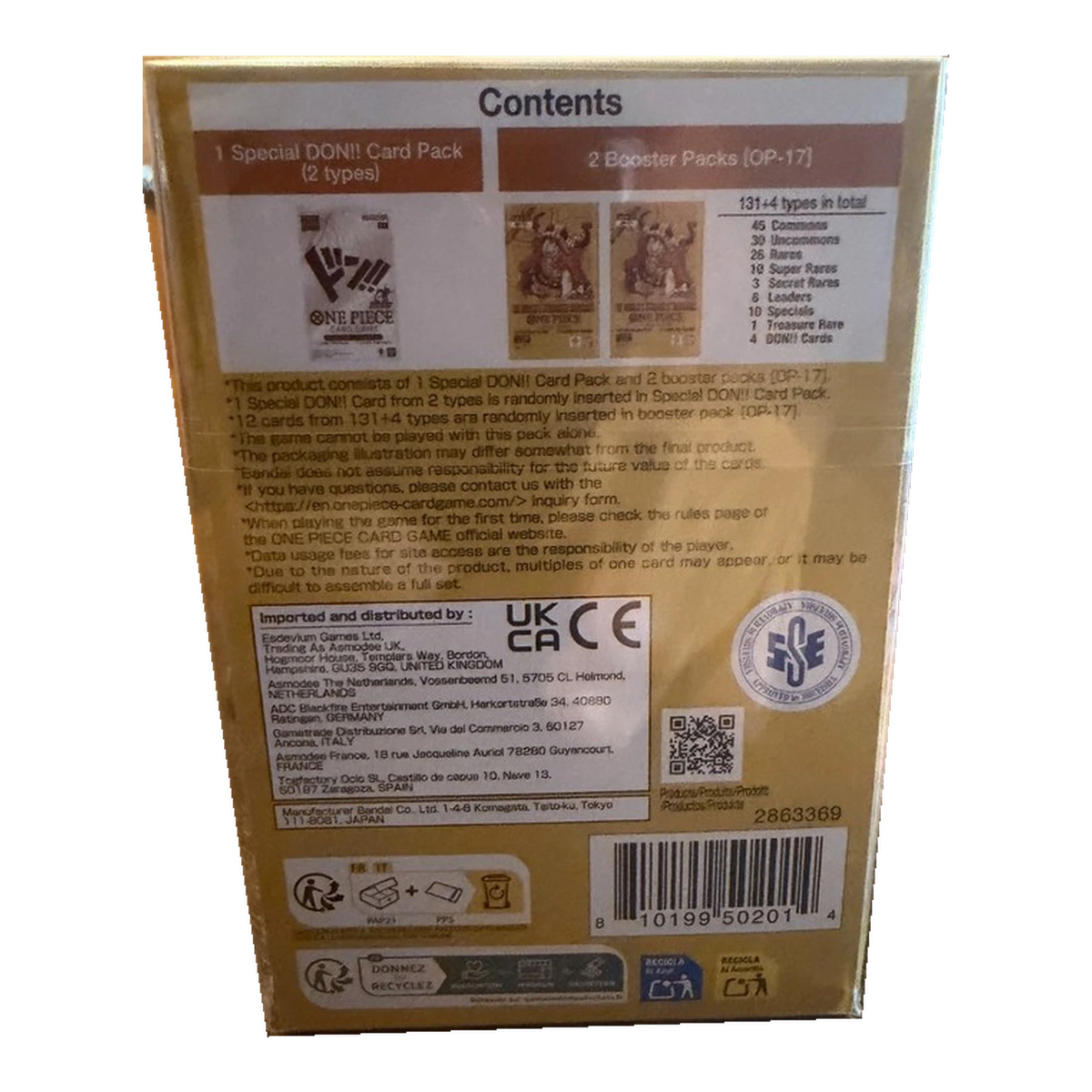 One Piece OP17 Double Pack (Engels) – achterkant met inhoud, barcode en distributeursgegevens