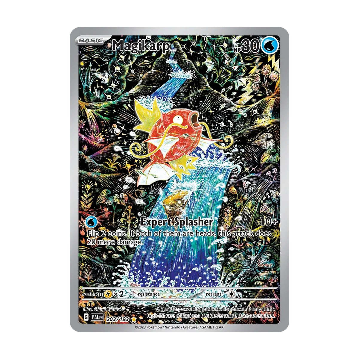 Chase-kaart: Magikarp 203, Paldea Evolved Booster Pack (Engels). Mogelijke pull; niet gegarandeerd inbegrepen.