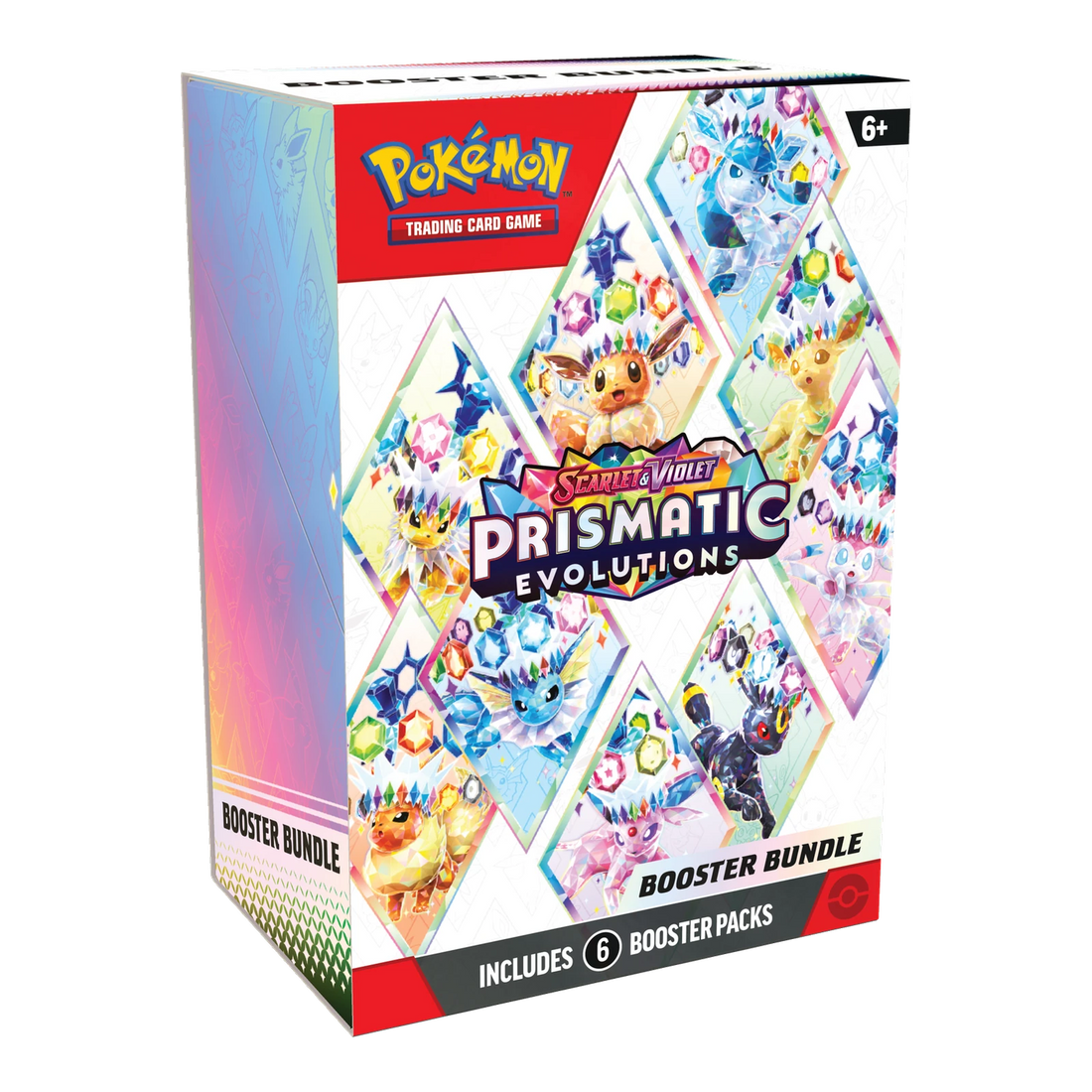 Pokémon Prismatic Evolutions Booster Bundle – voorkant en linkerzijkant