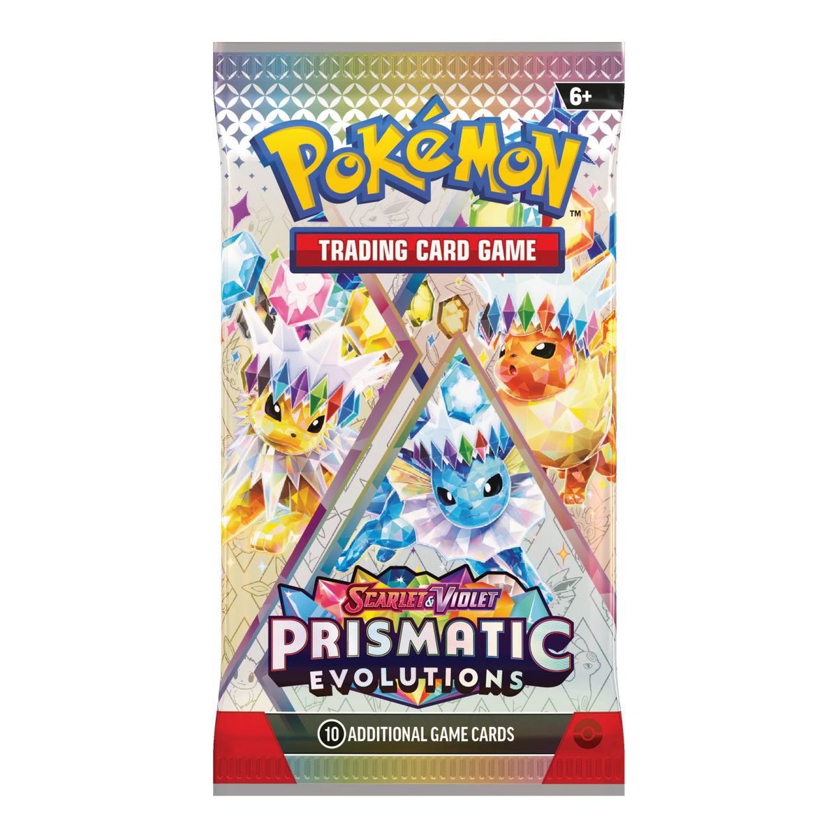 Prismatic Evolutions Booster Pack – Engelse verpakking, artwork Vaporeon Jolteon Flareon