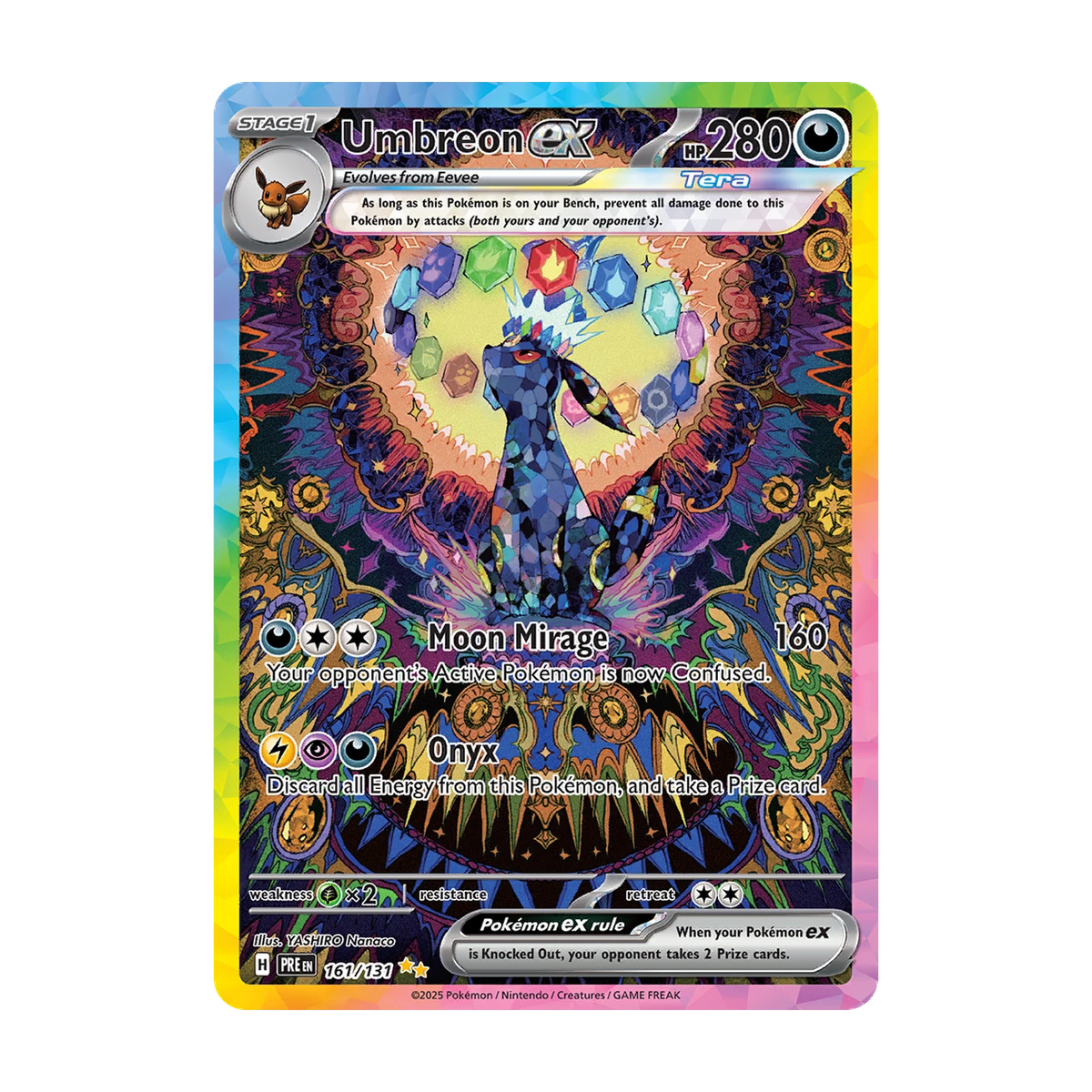 Chase-kaart: Umbreon ex 161, Prismatic Evolutions Booster Pack (Engels). Mogelijke pull; niet gegarandeerd inbegrepen.