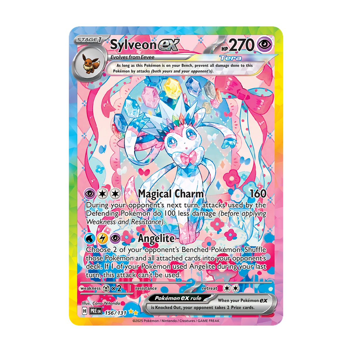 Chase-kaart: Sylveon ex 156, Prismatic Evolutions Booster Pack (Engels). Mogelijke pull; niet gegarandeerd inbegrepen.