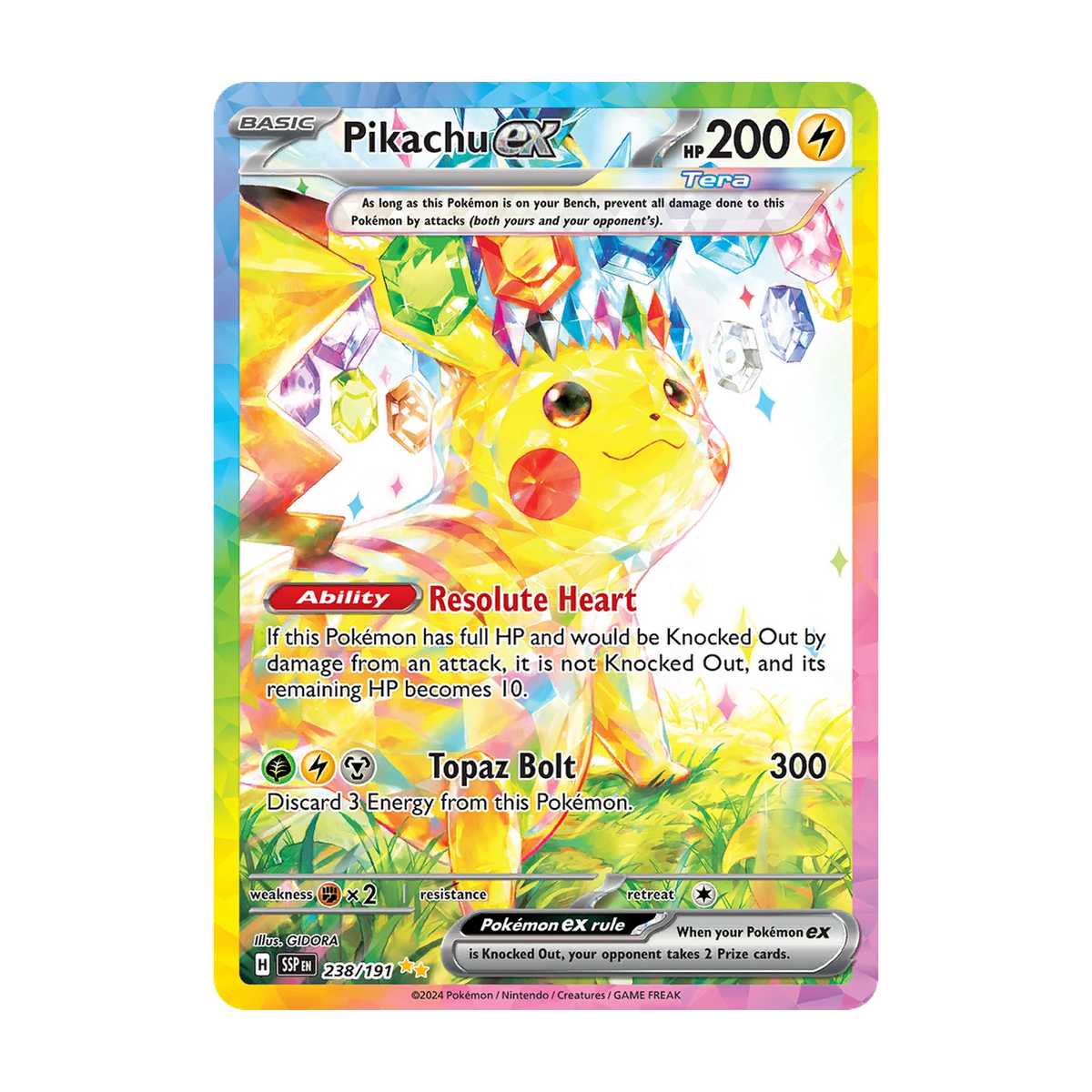 Chase-kaart: Pikachu ex 238, Surging Sparks Booster Pack (Engels). Mogelijke pull; niet gegarandeerd inbegrepen.