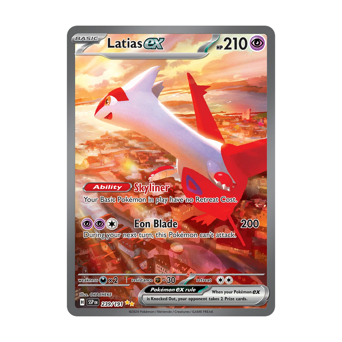 Chase-kaart: Latias ex 239, Surging Sparks Booster Pack (Engels). Mogelijke pull; niet gegarandeerd inbegrepen.