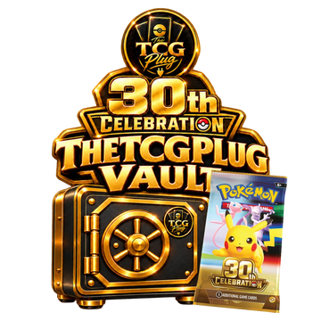THETCGPLUG VAULT – 30th Celebration, zwart-goud promotiebeeld met een volledig zichtbare Engelse boosterpack