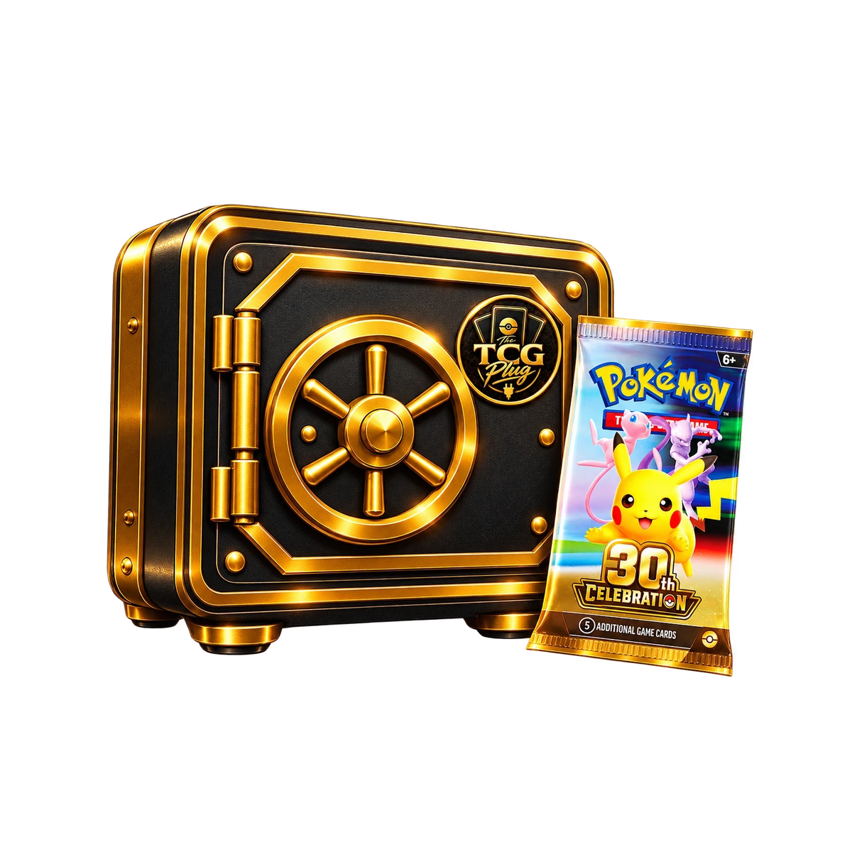 TheTCGPlug Vault – zwart-gouden communitykluis naast een Engelse 30th Celebration-boosterpack
