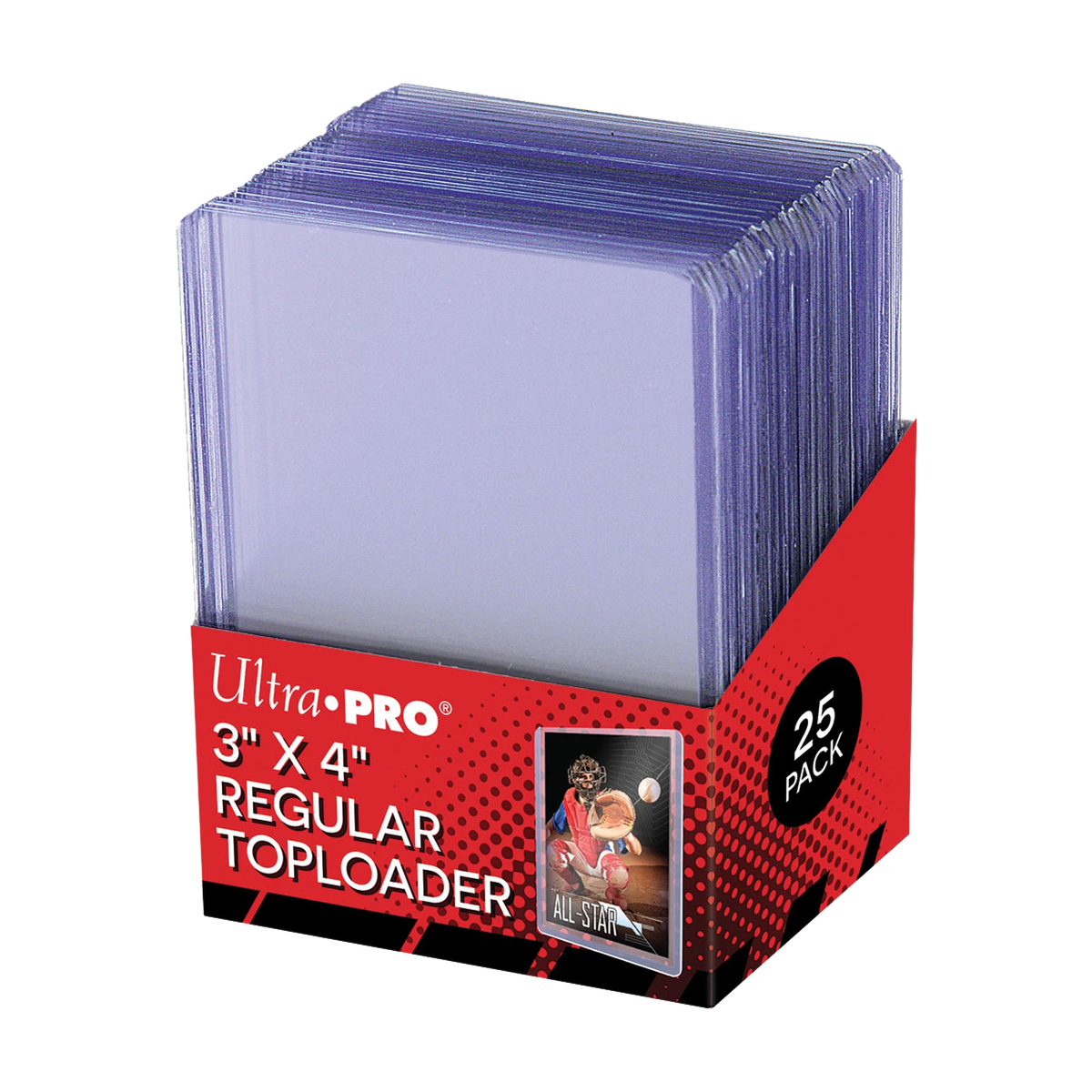 Toploaders Transparant Regular – 25 – verpakking, voorkant en rechterzijkant