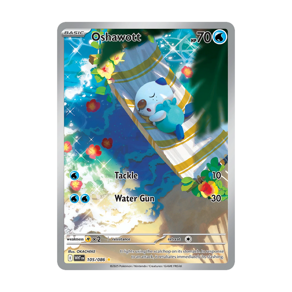 Chase-kaart: Oshawott 105, White Flare Booster Pack (Engels). Mogelijke pull; niet gegarandeerd inbegrepen.
