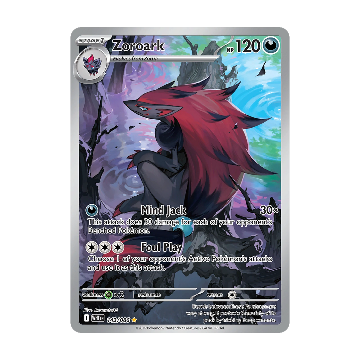 Chase-kaart: Zoroark 143, White Flare Booster Pack (Engels). Mogelijke pull; niet gegarandeerd inbegrepen.